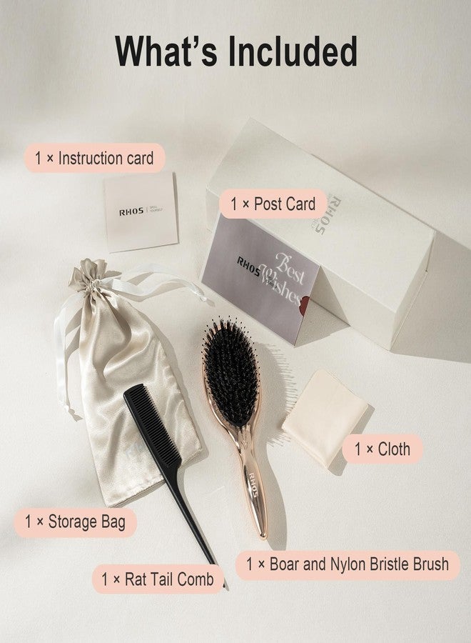 RHOS Boar and Nylon Bristle Hair Brush for Long, Curly, Thick Hair, Soft Natural Bristle Detangling Brush, Smooth & Shine, Set Includes Rat Tail Comb, Storage Bag (0.79inch Bristle) - Image 2